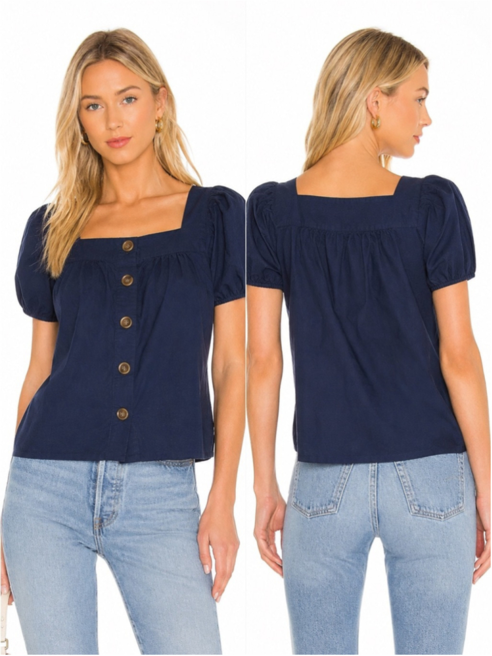 J. Crew Navy Square-Neck Button Puff Sleeve Blouse
